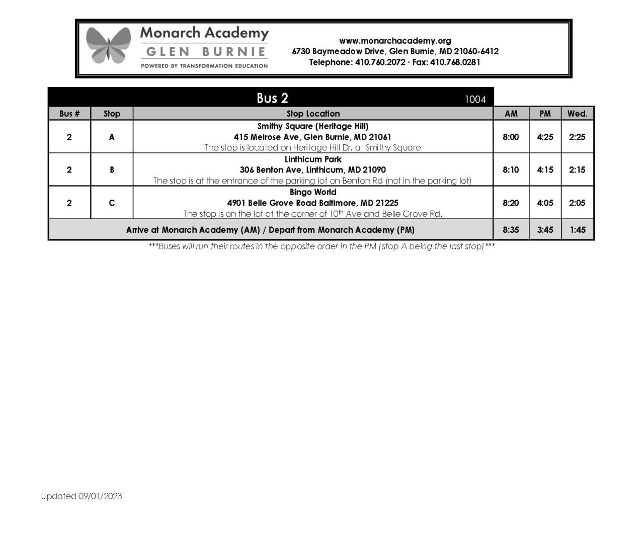 Bus Schedule Monarch Academy Glen Burnie