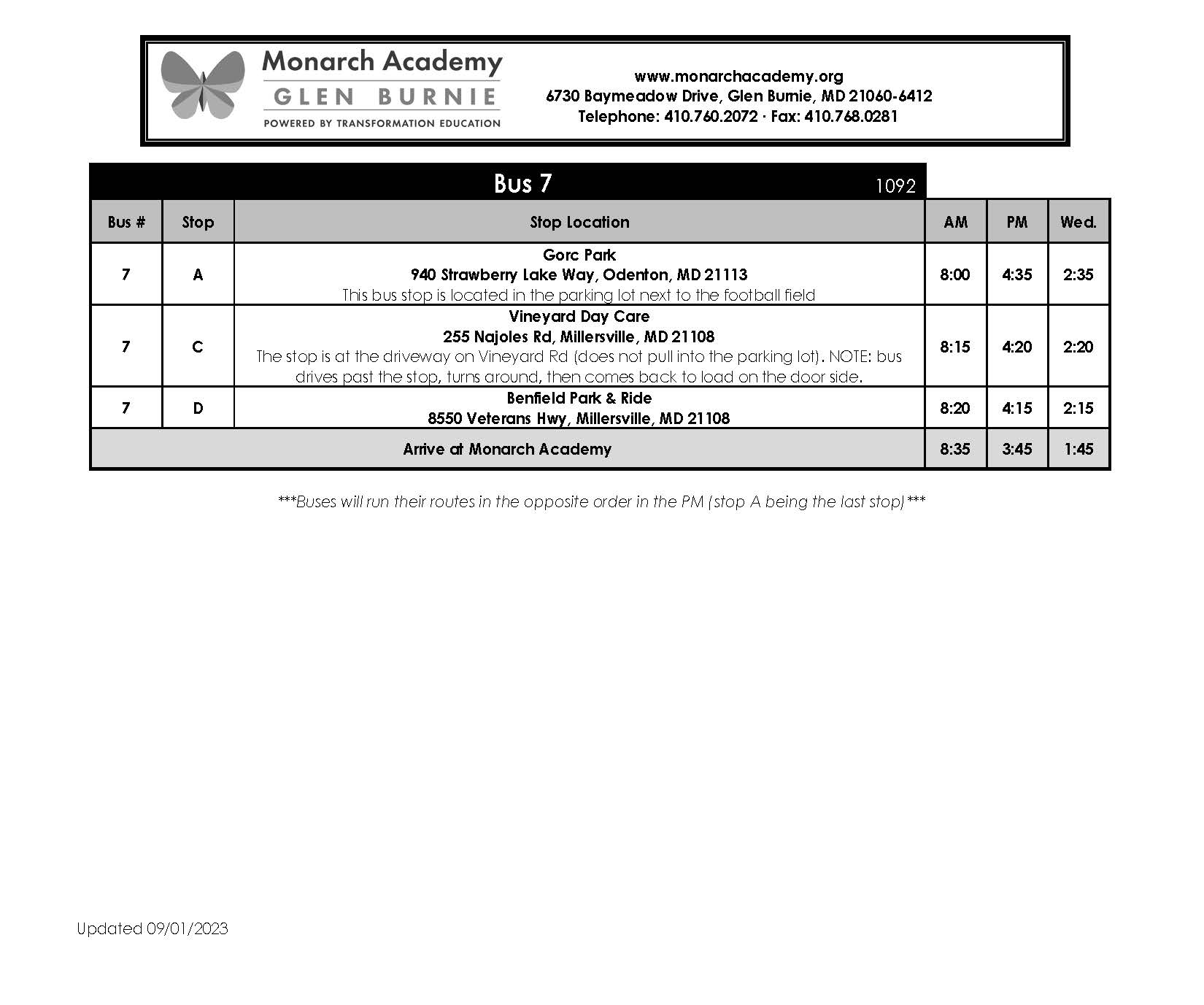 Bus Schedule Monarch Academy Glen Burnie